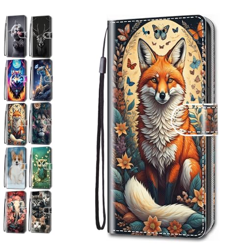 Leder Hülle für Honor X6a Tasche mit Kartenfach Tierdruck Muster Schutzhülle Handyhülle Flip Case Klapphülle Cover Mädchen Jungs - Fuchs Schmetterling von KM-Panda