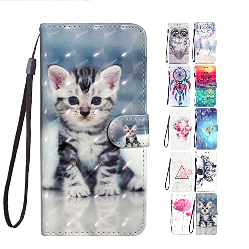 Leder Hülle für Samsung Galaxy A13 4G Tasche mit Kartenfach Muster Gitzer Schutzhülle Handyhülle Flip Case Klapphülle - 3D Kätzchen von KM-Panda