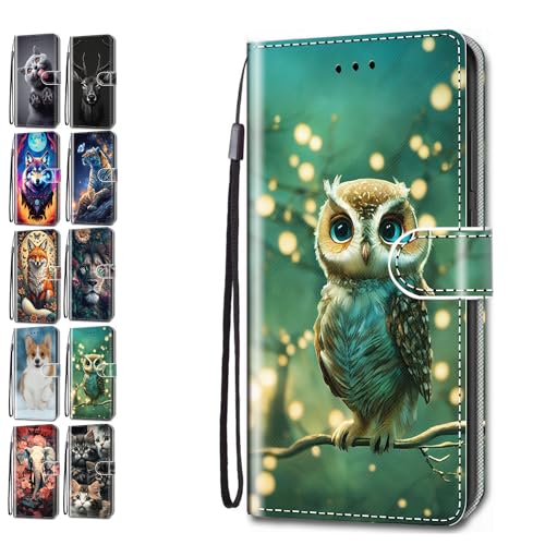 Leder Hülle für Samsung Galaxy A13 4G Tasche mit Kartenfach Tierdruck Muster Schutzhülle Handyhülle Flip Case Klapphülle Cover Mädchen Jungs - Eulen-Baum von KM-Panda