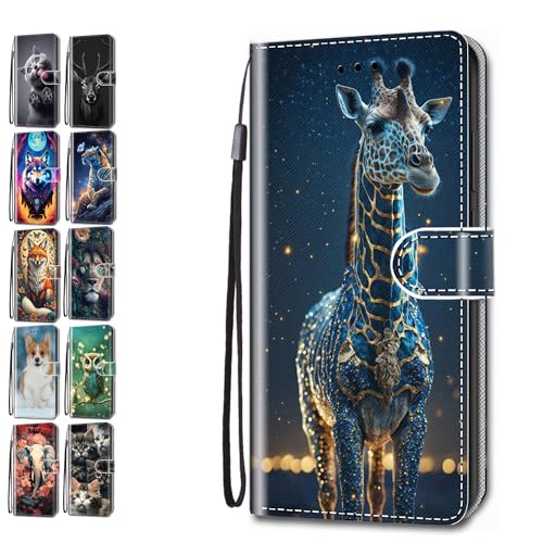 Leder Hülle für Samsung Galaxy A13 4G Tasche mit Kartenfach Tierdruck Muster Schutzhülle Handyhülle Flip Case Klapphülle Cover Mädchen Jungs - Giraffe von KM-Panda