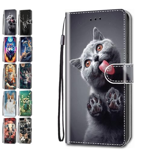 Leder Hülle für Samsung Galaxy A13 4G Tasche mit Kartenfach Tierdruck Muster Schutzhülle Handyhülle Flip Case Klapphülle Cover Mädchen Jungs - Lustige Katze von KM-Panda