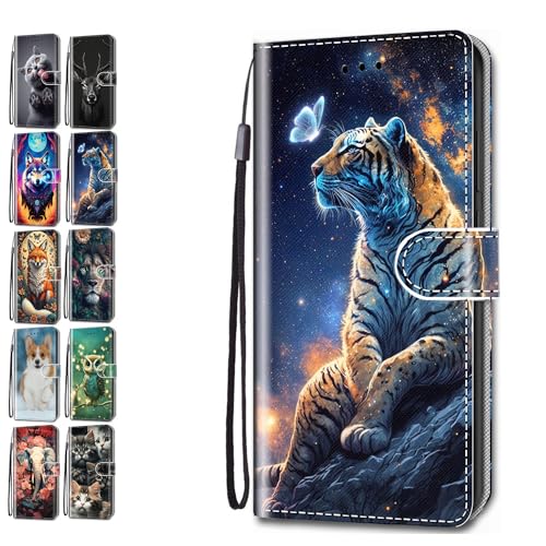 Leder Hülle für Samsung Galaxy A13 4G Tasche mit Kartenfach Tierdruck Muster Schutzhülle Handyhülle Flip Case Klapphülle Cover Mädchen Jungs - Tiger Schmetterling von KM-Panda