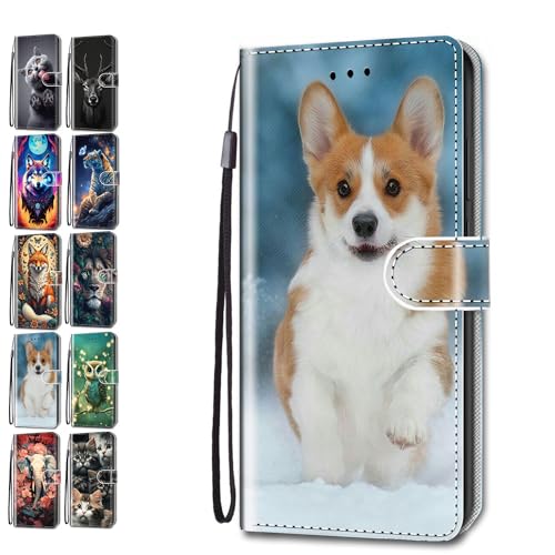Leder Hülle für Samsung Galaxy A34 5G Tasche mit Kartenfach Tierdruck Muster Schutzhülle Handyhülle Flip Case Klapphülle Cover Mädchen Jungs - Corgi Hund von KM-Panda