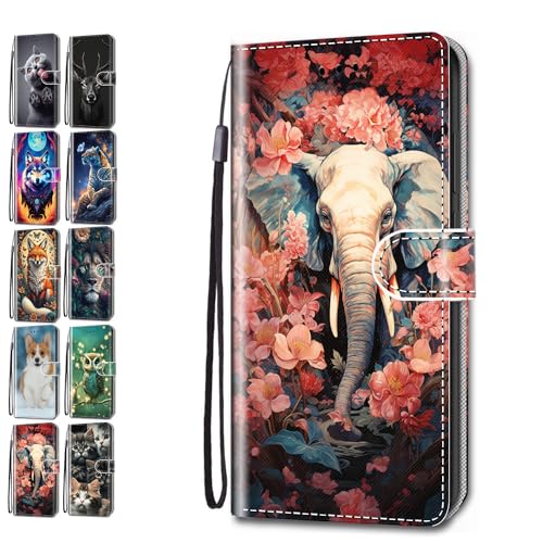 Leder Hülle für Samsung Galaxy A34 5G Tasche mit Kartenfach Tierdruck Muster Schutzhülle Handyhülle Flip Case Klapphülle Cover Mädchen Jungs - Elefant Blume von KM-Panda