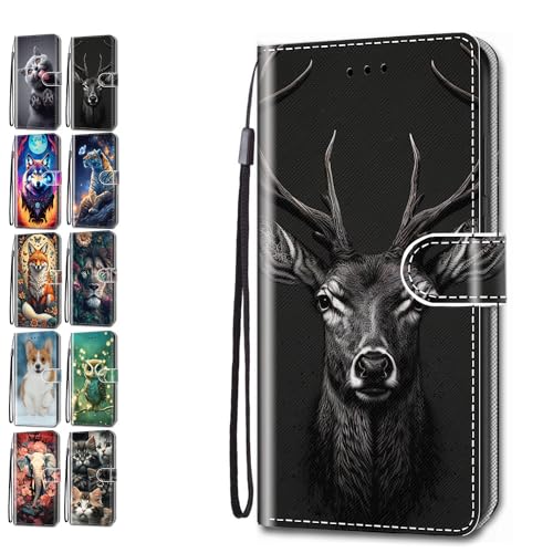 Leder Hülle für Samsung Galaxy A34 5G Tasche mit Kartenfach Tierdruck Muster Schutzhülle Handyhülle Flip Case Klapphülle Cover Mädchen Jungs - Hirsch von KM-Panda