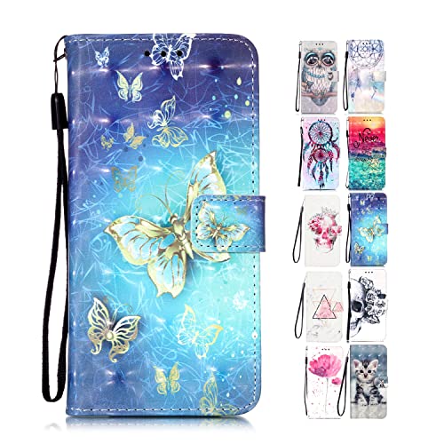 Leder Hülle für Samsung Galaxy S9 Plus Tasche mit Kartenfach Muster Gitzer Schutzhülle Handyhülle Flip Case Klapphülle - Goldener Schmetterling von KM-Panda