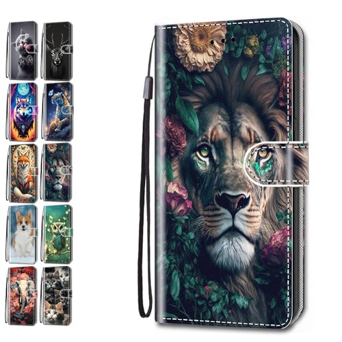 Leder Hülle für iPhone SE (2022) / SE 2020/8 / 7 Tasche mit Kartenfach Tierdruck Muster Schutzhülle Handyhülle Flip Case Klapphülle Cover Mädchen Jungs - Löwen-Blume von KM-Panda