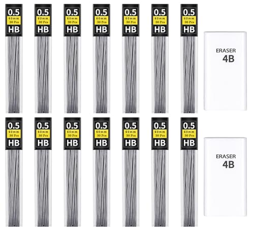 KMEIVOL Bleistiftminen 0,5 mm, 450 Stück 0.5 mm HB bruchfeste Minen für Druckbleistifte and 2 Radierer,Geschmeidig und klar schreiben von KMEIVOL