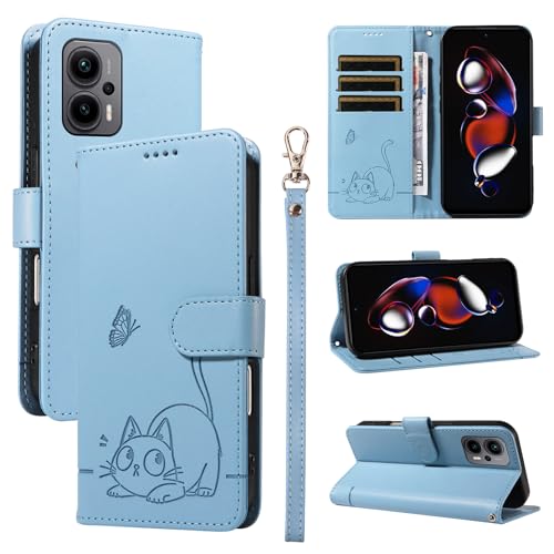 KMKJSH Leder Handyhülle Kompatibel mit Redmi Note 11T Pro 5G Hülle, mit 3 Kartenfächer Magnetische Wallet Klapphüllen Katze Muster Stoßfeste Tasche Case für Redmi Note 11T Pro 5G Lederhülle (Blau) KMKJSH Leder Handyhülle Kompatibel mit Redmi Note 11T Pro 5G Hülle, mit 3 Kartenfächer Magnetische Wallet Klapphüllen Katze Muster Stoßfeste Tasche Case für Redmi Note 11T Pro 5G Lederhülle (Blau) von KMKJSH