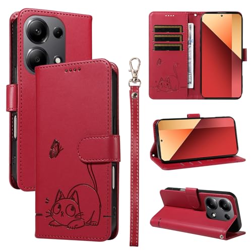 KMKJSH Leder Handyhülle Kompatibel mit Redmi Note 13 4G Hülle, mit 3 Kartenfächer Magnetische Wallet Klapphüllen Katze Muster Stoßfeste Tasche Case für Redmi Note 13 4G Lederhülle (Rot) von KMKJSH