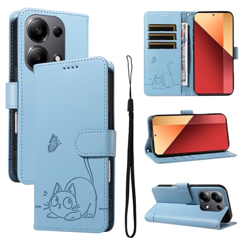 KMKJSH Leder Handyhülle Kompatibel mit Redmi Note 13 Pro 4G Hülle, mit 3 Kartenfächer Magnetische Wallet Klapphüllen Katze Muster Stoßfeste Tasche Case für Redmi Note 13 Pro 4G Lederhülle (Blau) von KMKJSH