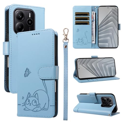 KMKJSH Leder Handyhülle Kompatibel mit Redmi Note 14 4G Hülle, mit 3 Kartenfächer Magnetische Wallet Klapphüllen Katze Muster Stoßfeste Tasche Case für Redmi Note 14 4G Lederhülle (Blau) von KMKJSH