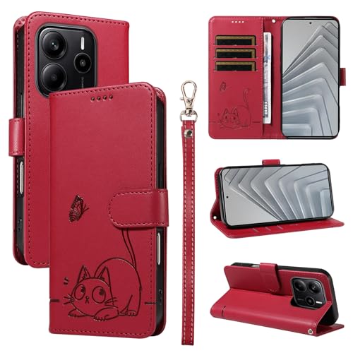 KMKJSH Leder Handyhülle Kompatibel mit Redmi Note 14 4G Hülle, mit 3 Kartenfächer Magnetische Wallet Klapphüllen Katze Muster Stoßfeste Tasche Case für Redmi Note 14 4G Lederhülle (Rot) von KMKJSH