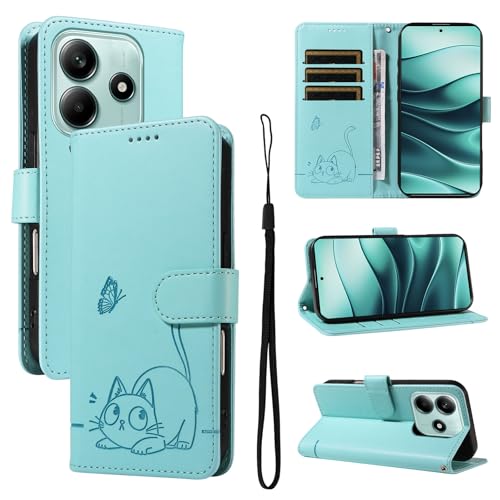 KMKJSH Leder Handyhülle Kompatibel mit Redmi Note 14 5G Hülle, mit 3 Kartenfächer Magnetische Wallet Klapphüllen Katze Muster Stoßfeste Tasche Case für Redmi Note 14 5G Lederhülle (Grün) von KMKJSH