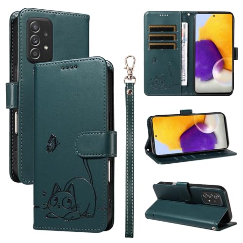 KMKJSH Leder Handyhülle Kompatibel mit Samsung Galaxy A72 5G/ 4G Hülle, mit 3 Kartenfächer Magnetische Wallet Klapphüllen Katze Muster Stoßfeste Tasche Case für Samsung A72 5G/ 4G Lederhülle (Türkis) KMKJSH Leder Handyhülle Kompatibel mit Samsung Galaxy A72 5G/ 4G Hülle, mit 3 Kartenfächer Magnetische Wallet Klapphüllen Katze Muster Stoßfeste Tasche Case für Samsung A72 5G/ 4G Lederhülle (Türkis) von KMKJSH