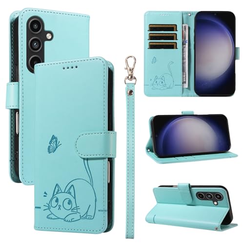 KMKJSH Leder Handyhülle Kompatibel mit Samsung Galaxy S23 FE Hülle, mit 3 Kartenfächer Magnetische Wallet Klapphüllen Katze Muster Stoßfeste Tasche Case für Samsung S23 FE Lederhülle (Grün) von KMKJSH