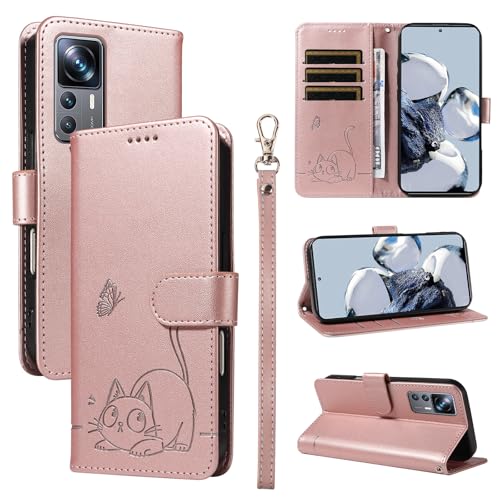 KMKJSH Leder Handyhülle Kompatibel mit Xiaomi Mi 12T Pro Hülle, mit 3 Kartenfächer Magnetische Wallet Klapphüllen Katze Muster Stoßfeste Tasche Case für Xiaomi Mi 12T Pro Lederhülle (Rosa) von KMKJSH