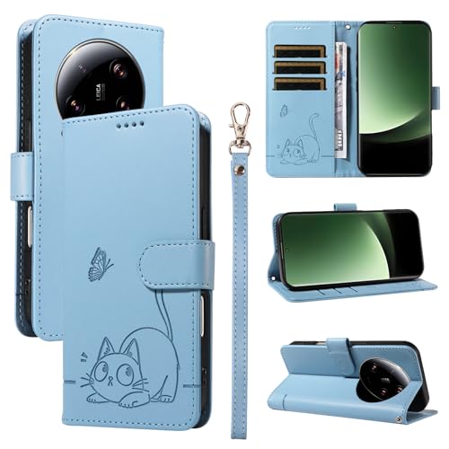 KMKJSH Leder Handyhülle Kompatibel mit Xiaomi Mi 13 Ultra Hülle, mit 3 Kartenfächer Magnetische Wallet Klapphüllen Katze Muster Stoßfeste Tasche Case für Xiaomi Mi 13 Ultra Lederhülle (Blau) von KMKJSH