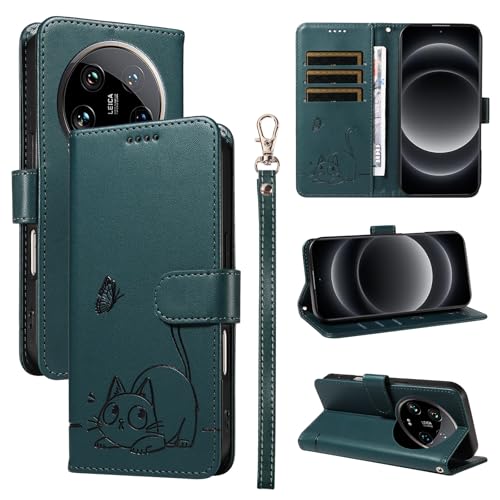 KMKJSH Leder Handyhülle Kompatibel mit Xiaomi Mi 14 Ultra Hülle, mit 3 Kartenfächer Magnetische Wallet Klapphüllen Katze Muster Stoßfeste Tasche Case für Xiaomi Mi 14 Ultra Lederhülle (Türkis) KMKJSH Leder Handyhülle Kompatibel mit Xiaomi Mi 14 Ultra Hülle, mit 3 Kartenfächer Magnetische Wallet Klapphüllen Katze Muster Stoßfeste Tasche Case für Xiaomi Mi 14 Ultra Lederhülle (Türkis) von KMKJSH