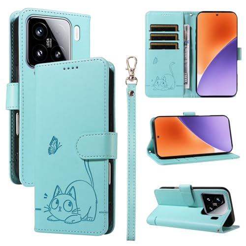 KMKJSH Leder Handyhülle Kompatibel mit Xiaomi Mi 15 Hülle, mit 3 Kartenfächer Magnetische Wallet Klapphüllen Katze Muster Stoßfeste Tasche Case für Xiaomi Mi 15 Lederhülle (Grün) von KMKJSH