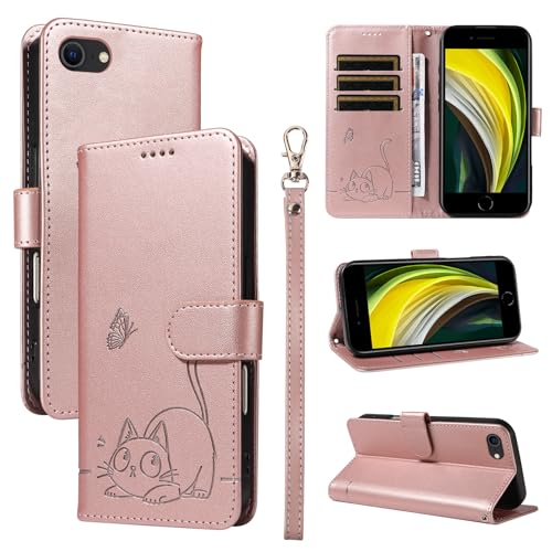 KMKJSH Leder Handyhülle Kompatibel mit iPhone 8 Hülle, mit 3 Kartenfächer Magnetische Wallet Klapphüllen Katze Muster Stoßfeste Tasche Case für iPhone 8 Lederhülle (Rosa) von KMKJSH