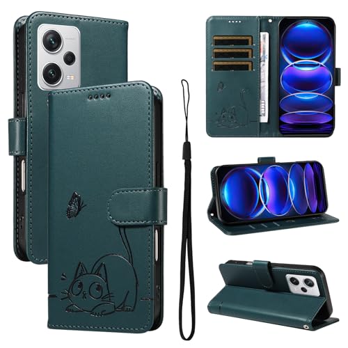 Leder Handyhülle Kompatibel mit Redmi Note 12 Pro+ 5G Hülle, mit 3 Kartenfächer Magnetische Wallet Klapphüllen Katze Muster Stoßfeste Tasche Case für Redmi Note 12 Pro Plus 5G Lederhülle (Türkis) von KMKJSH