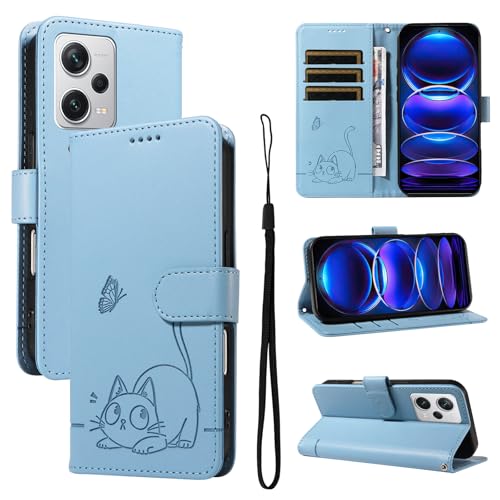 Leder Handyhülle Kompatibel mit Redmi Note 12 Pro+ 5G Hülle, mit 3 Kartenfächer Magnetische Wallet Klapphüllen Katze Muster Stoßfeste Tasche Case für Redmi Note 12 Pro Plus 5G Lederhülle (Blau) von KMKJSH