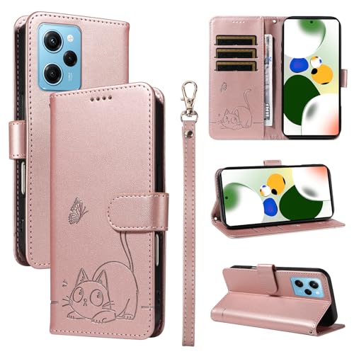 Leder Handyhülle Kompatibel mit Redmi Note 12 Pro Speed Hülle, mit 3 Kartenfächer Magnetische Wallet Klapphüllen Katze Muster Stoßfeste Tasche Case für Redmi Note 12 Pro Speed Lederhülle (Rosa) von KMKJSH