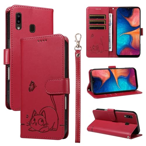 Leder Handyhülle Kompatibel mit Samsung Galaxy A30 Hülle, mit 3 Kartenfächer Magnetische Wallet Klapphüllen Katze Muster Stoßfeste Tasche Case für Samsung A30 Lederhülle (Rot) von KMKJSH