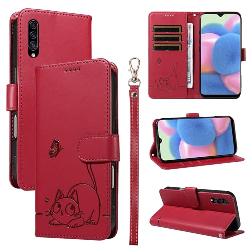 Leder Handyhülle Kompatibel mit Samsung Galaxy A50 Hülle, mit 3 Kartenfächer Magnetische Wallet Klapphüllen Katze Muster Stoßfeste Tasche Case für Samsung A50 Lederhülle (Rot) von KMKJSH