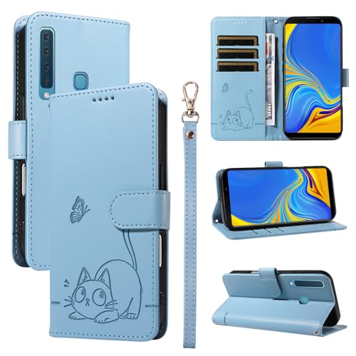 Leder Handyhülle Kompatibel mit Samsung Galaxy A9 2018 Hülle, mit 3 Kartenfächer Magnetische Wallet Klapphüllen Katze Muster Stoßfeste Tasche Case für Samsung A9 2018 Lederhülle (Blau) von KMKJSH