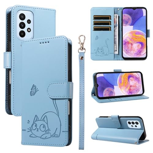 Leder Handyhülle Kompatibel mit Samsung Galaxy F23 5G Hülle, mit 3 Kartenfächer Magnetische Wallet Klapphüllen Katze Muster Stoßfeste Tasche Case für Samsung F23 5G Lederhülle (Blau) von KMKJSH