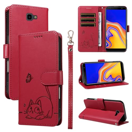 Leder Handyhülle Kompatibel mit Samsung Galaxy J4 Prime Hülle, mit 3 Kartenfächer Magnetische Wallet Klapphüllen Katze Muster Stoßfeste Tasche Case für Samsung J4 Prime Lederhülle (Rot) von KMKJSH