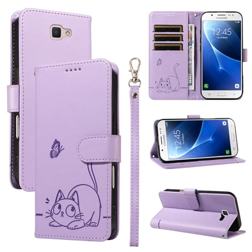 Leder Handyhülle Kompatibel mit Samsung Galaxy J5 Prime Hülle, mit 3 Kartenfächer Magnetische Wallet Klapphüllen Katze Muster Stoßfeste Tasche Case für Samsung J5 Prime Lederhülle (Lila) von KMKJSH