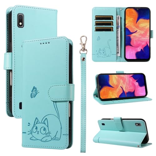 Leder Handyhülle Kompatibel mit Samsung Galaxy M10 Hülle, mit 3 Kartenfächer Magnetische Wallet Klapphüllen Katze Muster Stoßfeste Tasche Case für Samsung M10 Lederhülle (Grün) von KMKJSH