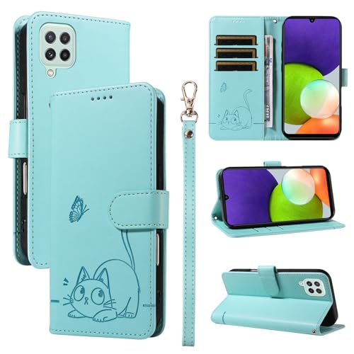 Leder Handyhülle Kompatibel mit Samsung Galaxy M22 Hülle, mit 3 Kartenfächer Magnetische Wallet Klapphüllen Katze Muster Stoßfeste Tasche Case für Samsung M22 Lederhülle (Grün) von KMKJSH
