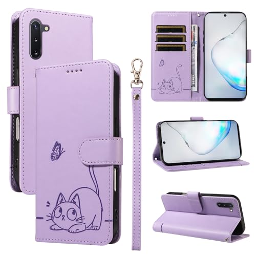 Leder Handyhülle Kompatibel mit Samsung Galaxy Note 10 5G Hülle, mit 3 Kartenfächer Magnetische Wallet Klapphüllen Katze Muster Stoßfeste Tasche Case für Samsung Note 10 5G Lederhülle (Lila) von KMKJSH