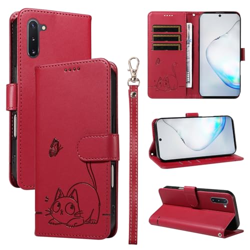 Leder Handyhülle Kompatibel mit Samsung Galaxy Note 10 Hülle, mit 3 Kartenfächer Magnetische Wallet Klapphüllen Katze Muster Stoßfeste Tasche Case für Samsung Note 10 Lederhülle (Rot) von KMKJSH