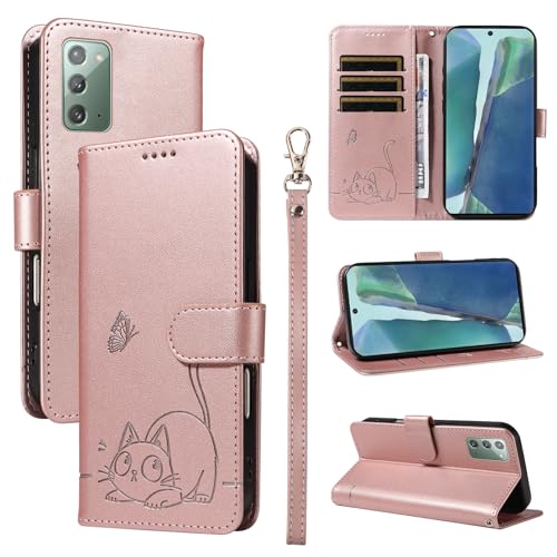 Leder Handyhülle Kompatibel mit Samsung Galaxy Note 20 Hülle, mit 3 Kartenfächer Magnetische Wallet Klapphüllen Katze Muster Stoßfeste Tasche Case für Samsung Note 20 Lederhülle (Rosa) von KMKJSH