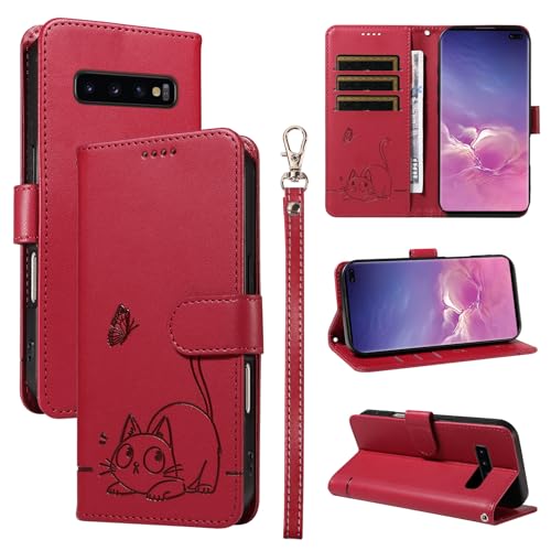 Leder Handyhülle Kompatibel mit Samsung Galaxy S10 Hülle, mit 3 Kartenfächer Magnetische Wallet Klapphüllen Katze Muster Stoßfeste Tasche Case für Samsung S10 Lederhülle (Rot) von KMKJSH