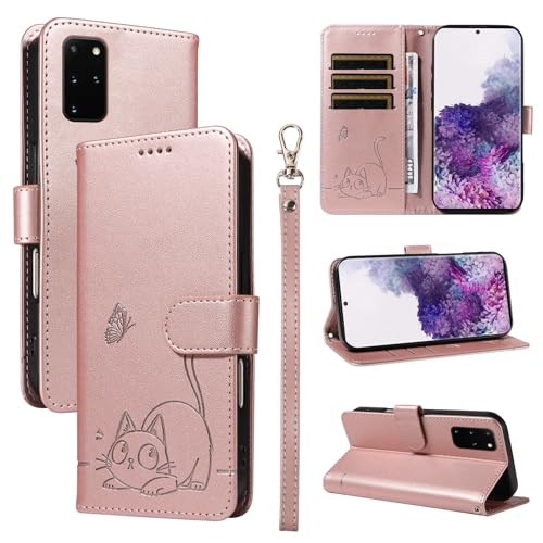 Leder Handyhülle Kompatibel mit Samsung Galaxy S20 Plus Hülle, mit 3 Kartenfächer Magnetische Wallet Klapphüllen Katze Muster Stoßfeste Tasche Case für Samsung S20 Plus Lederhülle (Rosa) von KMKJSH