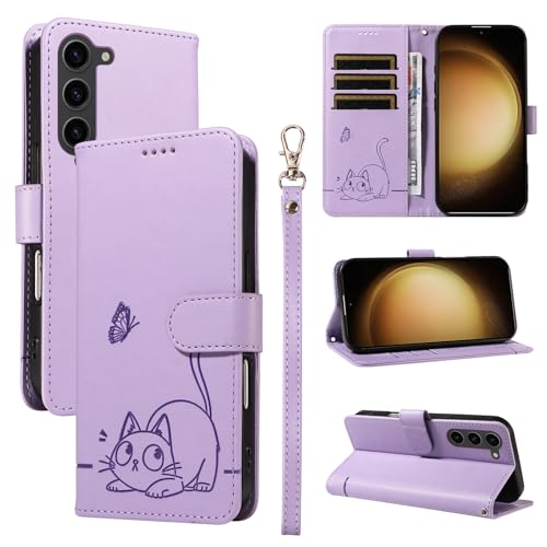 Leder Handyhülle Kompatibel mit Samsung Galaxy S23 Plus Hülle, mit 3 Kartenfächer Magnetische Wallet Klapphüllen Katze Muster Stoßfeste Tasche Case für Samsung S23 Plus Lederhülle (Lila) von KMKJSH