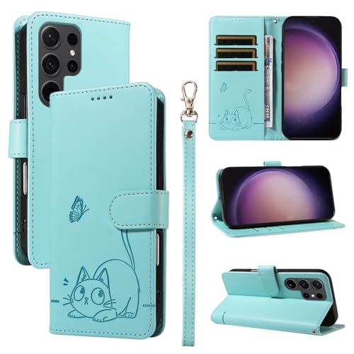 Leder Handyhülle Kompatibel mit Samsung Galaxy S24 Ultra Hülle, mit 3 Kartenfächer Magnetische Wallet Klapphüllen Katze Muster Stoßfeste Tasche Case für Samsung S24 Ultra Lederhülle (Grün) von KMKJSH