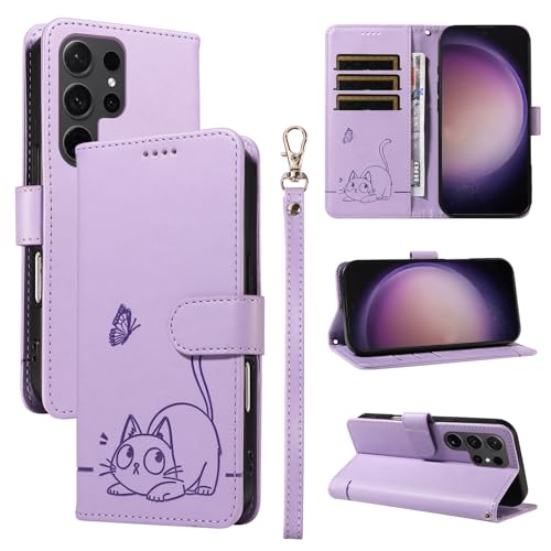 Leder Handyhülle Kompatibel mit Samsung Galaxy S24 Ultra Hülle, mit 3 Kartenfächer Magnetische Wallet Klapphüllen Katze Muster Stoßfeste Tasche Case für Samsung S24 Ultra Lederhülle (Lila) von KMKJSH