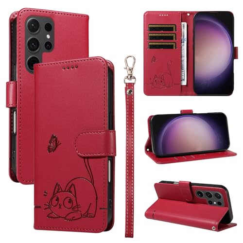 Leder Handyhülle Kompatibel mit Samsung Galaxy S24 Ultra Hülle, mit 3 Kartenfächer Magnetische Wallet Klapphüllen Katze Muster Stoßfeste Tasche Case für Samsung S24 Ultra Lederhülle (Rot) von KMKJSH