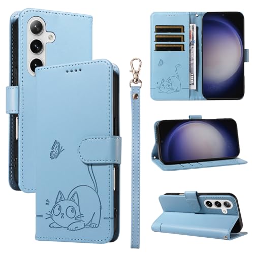 Leder Handyhülle Kompatibel mit Samsung Galaxy S25 Plus Hülle, mit 3 Kartenfächer Magnetische Wallet Klapphüllen Katze Muster Stoßfeste Tasche Case für Samsung S25 Plus Lederhülle (Blau) von KMKJSH