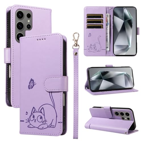 Leder Handyhülle Kompatibel mit Samsung Galaxy S25 Ultra Hülle, mit 3 Kartenfächer Magnetische Wallet Klapphüllen Katze Muster Stoßfeste Tasche Case für Samsung S25 Ultra Lederhülle (Lila) von KMKJSH