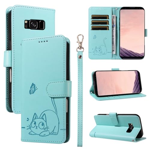 Leder Handyhülle Kompatibel mit Samsung Galaxy S8 Hülle, mit 3 Kartenfächer Magnetische Wallet Klapphüllen Katze Muster Stoßfeste Tasche Case für Samsung S8 Lederhülle (Grün) von KMKJSH