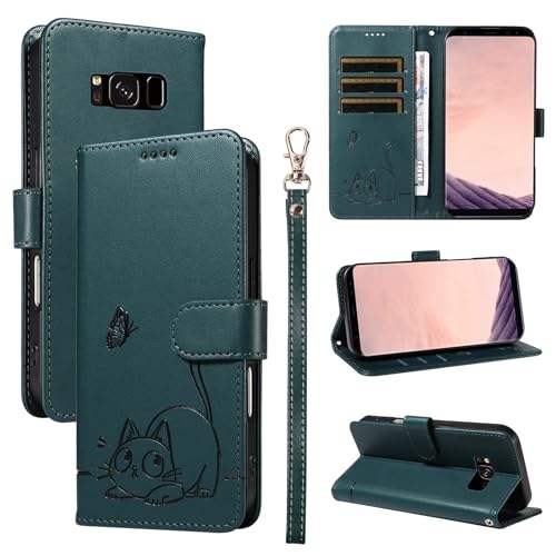 Leder Handyhülle Kompatibel mit Samsung Galaxy S8 Plus Hülle, mit 3 Kartenfächer Magnetische Wallet Klapphüllen Katze Muster Stoßfeste Tasche Case für Samsung S8 Plus Lederhülle (Türkis) von KMKJSH