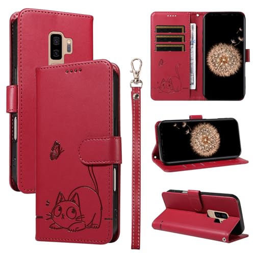 Leder Handyhülle Kompatibel mit Samsung Galaxy S9 Plus Hülle, mit 3 Kartenfächer Magnetische Wallet Klapphüllen Katze Muster Stoßfeste Tasche Case für Samsung S9 Plus Lederhülle (Rot) von KMKJSH